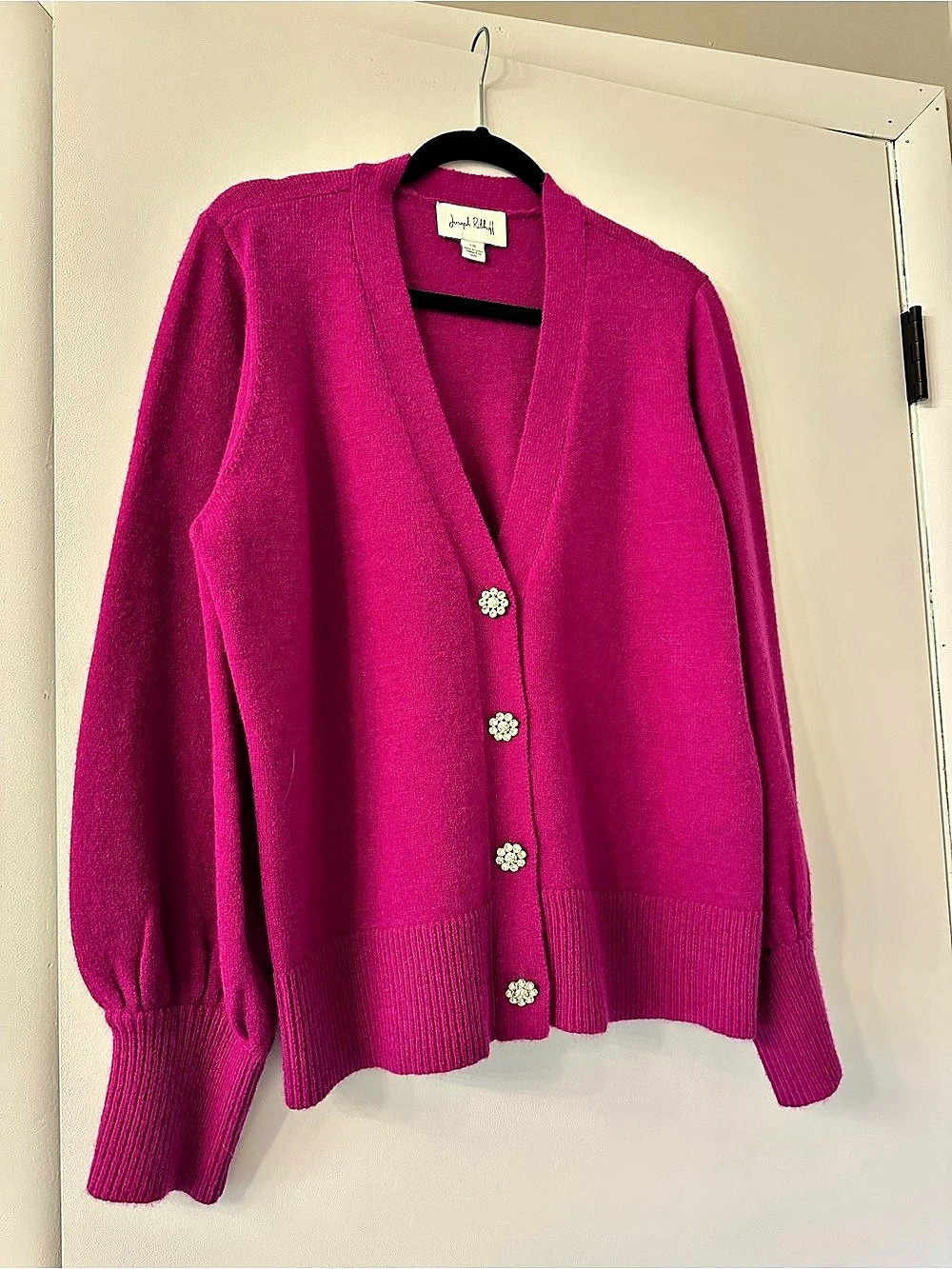 Joseph Ribkoff Puff Sleeve V Neck Cardigan with Rhinestone Buttons Floral Button